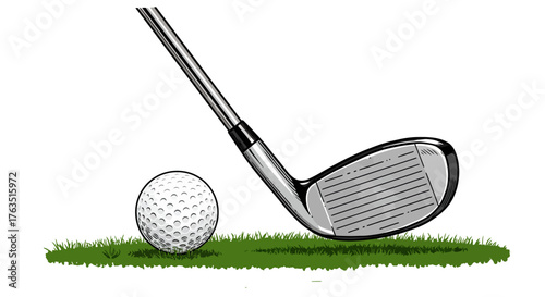 Realistic golf club and ball on grass
