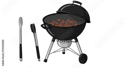 Backyard grilling gear: charcoal grill and tongs for perfect barbecue cookout