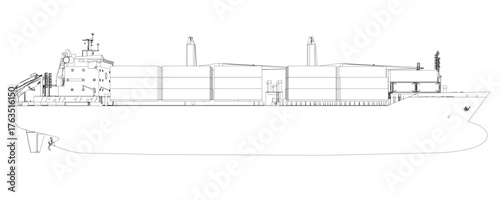 Blueprint drawing of a large container ship on a white background, featuring the detailed contour of the hull, superstructure, and cargo areas.