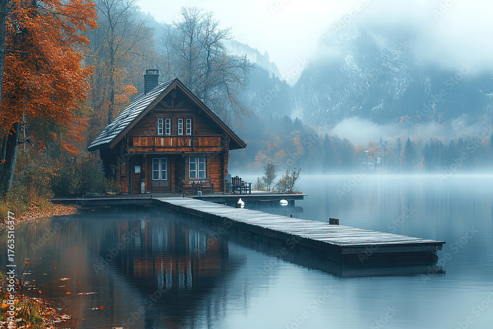 Obraz premium Peaceful Mountain Lake Scene at Sunrise Hour