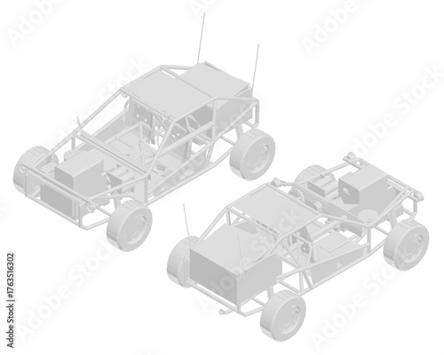 Polygonal dune buggy 3D model with bright yellow paint and four large tires on a white background. This detailed vehicle is part of a set. Isometric view.