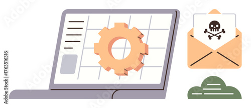 Laptop screen with gear diagram symbolizing system settings, malware email with skull icon, and cloud storage. Ideal for cybersecurity, malware, hacking, data encryption, phishing, IT systems