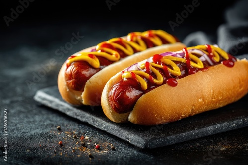 Two delicious hot dogs with ketchup, mustard, and onions on buns