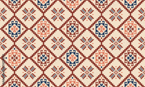 Southwest Native seamless pattern ethnic tribal Aztec geometric Pixel art Navajo Native American fabric earth tone design vector for textile print