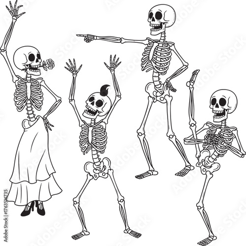 A lively group of four cartoon skeletons dancing and celebrating in black and white line art.