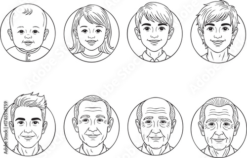 A mans life cycle illustrated in a set of eight circular black and white line art portraits showing aging from infancy to old age.