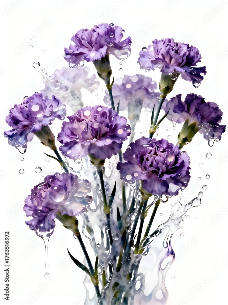Fototapeta premium Surreal Flowers Series : Vibrant Purple Carnations Dripping with Water on a Clean White Background 003