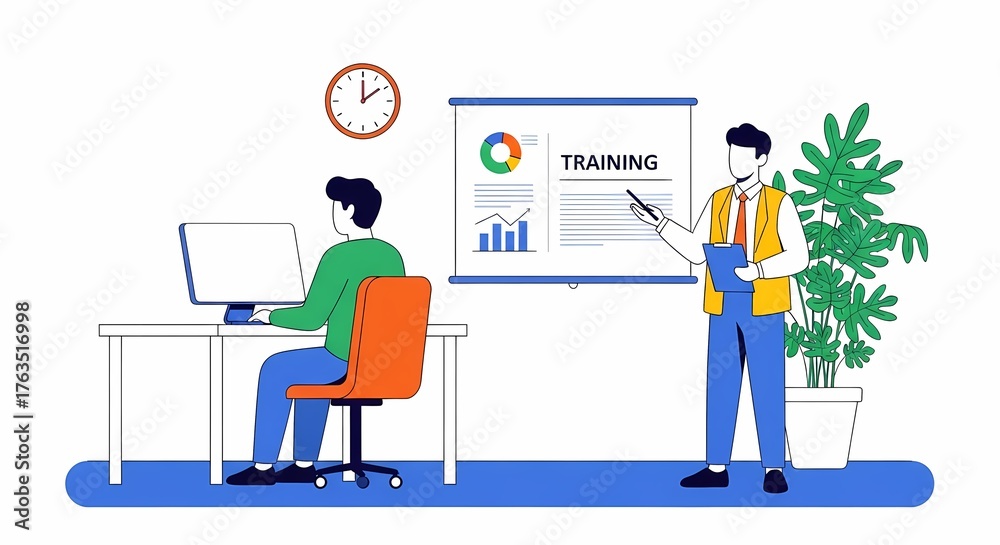 Obraz premium Business Training Session Instructor teaching data analytics and charting to employee at computer in modern office