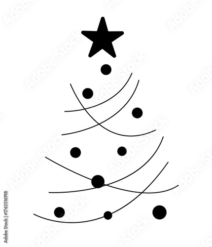 Minimal black Christmas tree design with curved lines and circular ornaments topped with a black star on a white background.