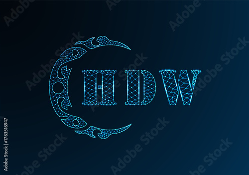 Low poly letter logo HDW design. HDW letter logo low poly vector design on blue color gradient background. HDW logo low poly design