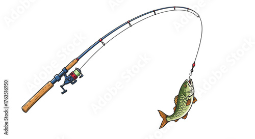 Fishing rod with catch: detailed colorful style