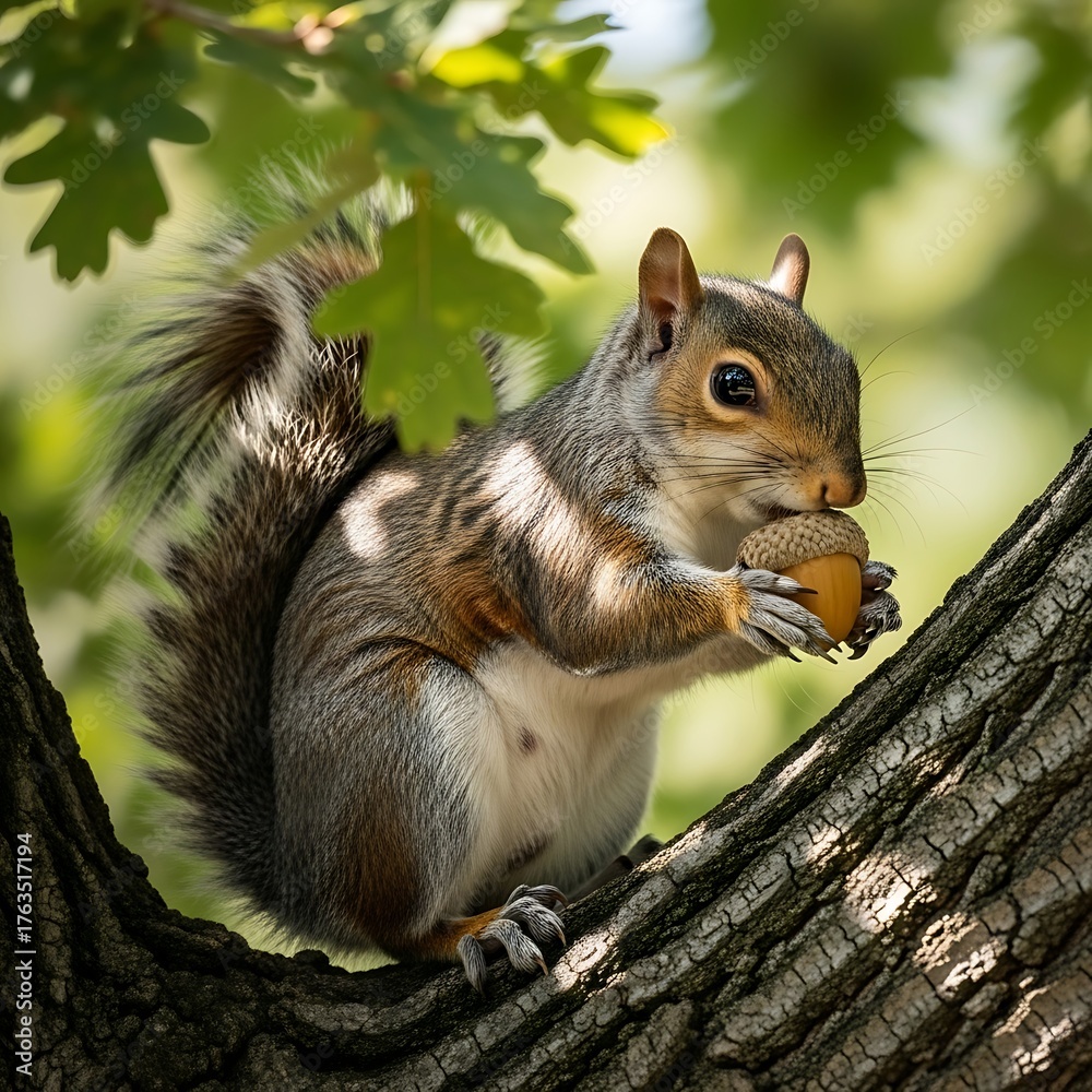 Fototapeta premium Squirrel Enjoying a Nutty Snack in the Forest Canopy.