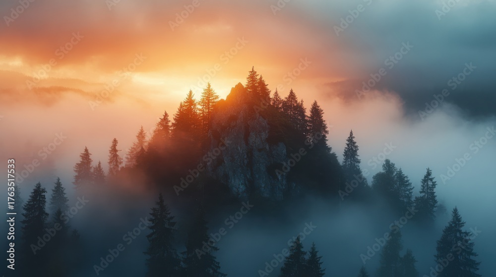Fototapeta premium Misty Mountain Forest Silhouette at Sunrise with Golden Light Breaking Through Clouds Keywords: mountain, forest, trees, silhouette, pine trees, fir trees