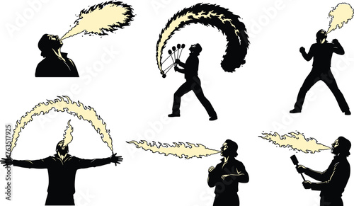 Fire Performer Silhouette Collection, Men Breathing and Juggling Flames, Performing a Dangerous Stunt, Circus or Street Show Vector Set.