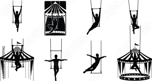 Acrobatic Trapeze Artist Silhouette Collection, Six Female Performers Hanging and Swinging on a Bar, Aerial Circus Show Vector Set.
