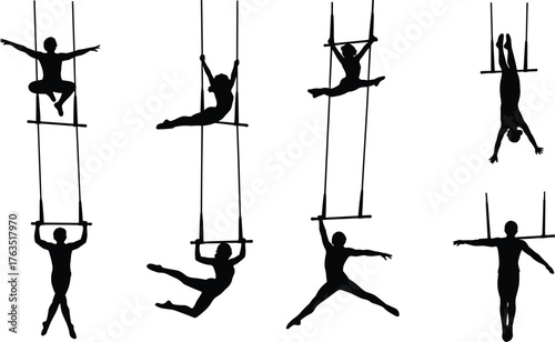 Acrobatic Trapeze Artist Silhouette Collection, Six Female Performers Hanging and Swinging on a Bar, Aerial Circus Show Vector Set.