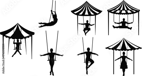 Acrobatic Trapeze Artist Silhouette Collection, Six Female Performers Hanging and Swinging on a Bar, Aerial Circus Show Vector Set.