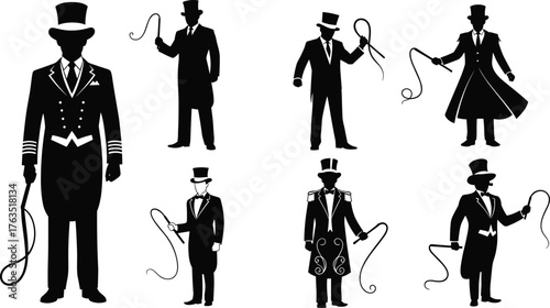 Circus Ringmaster Silhouette Collection, Six Male Trainers in Top Hats and Tails Holding a Whip, Vintage Circus Show, Vector Set.
