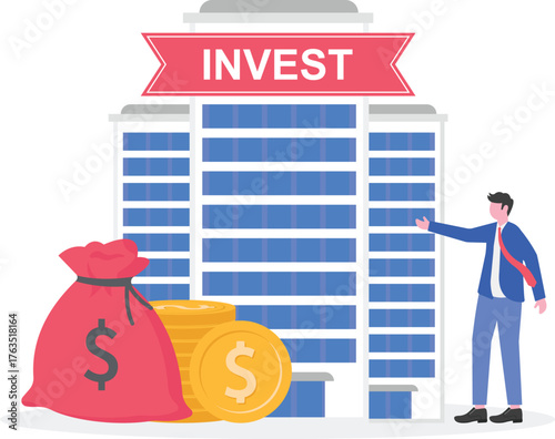 Businessman standing next to a money bag and a building labeled invest illustration

