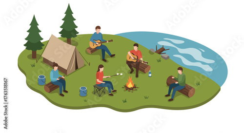 Isometric campfire scene with guitar players and tent by riverside