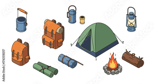 Camping gear isometric design with tent, backpacks, and firepit elements