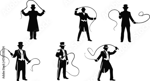 Circus Ringmaster Silhouette Collection, Six Male Trainers in Top Hats and Tails Holding a Whip, Vintage Circus Show, Vector Set.