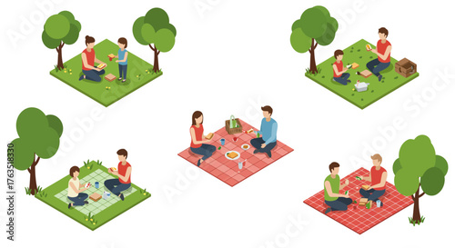 Isometric picnic scenes with couples and families in park settings