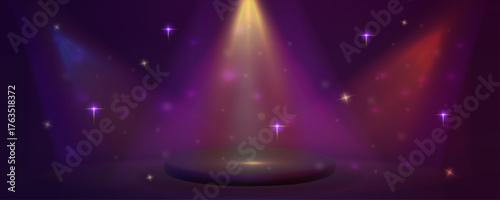 Abstract casino stage with neon light rays. Elegant award podium on a dark purple background sets a luxury casino award atmosphere.