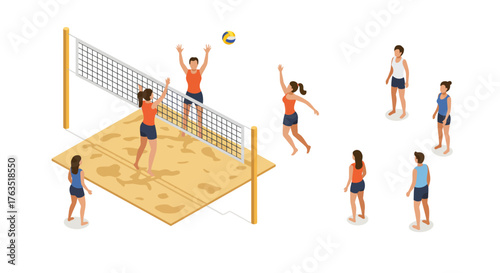 Isometric beach volleyball game with players serving and jumping in action