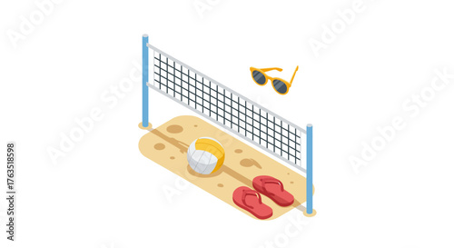 Isometric beach volleyball scene with sand, net, sunglasses, and flip flops