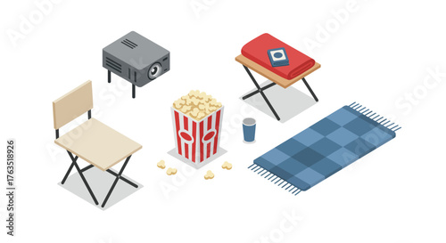 Cozy outdoor movie setup with projector, popcorn, and blanket in isometric style