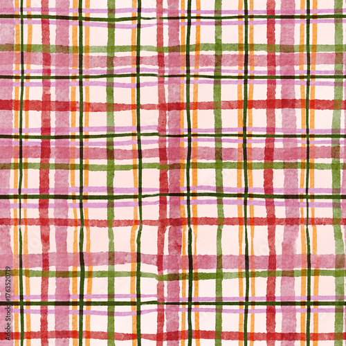 Fotografía Сheck Watercolor Christmas Seamless Pattern in red, green tones on Pink backgrou