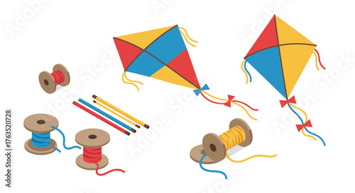 Colorful kites and flying kits with strings and reels on a white background