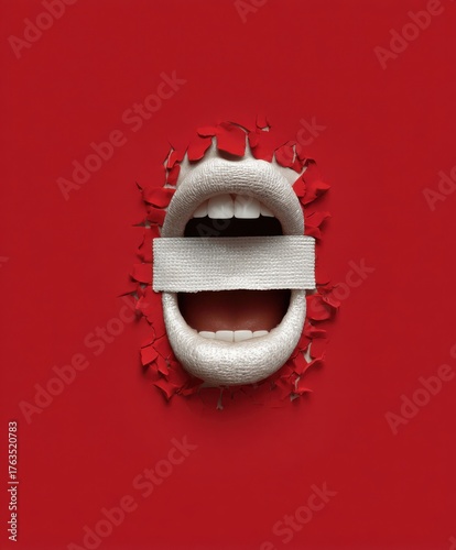 Open mouth with white teeth and tongue covered by white tape, breaking through a red textured surface