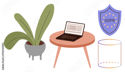 Laptop on table, GDPR shield, database cylinder and potted plant visualize data protection, privacy, compliance, security, technology, online regulations, workplace setup in simple flat metaphor