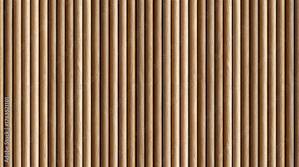 Obraz premium SEAMLESS fluted wall panel background, natural light wood texture, modern decorative accent wall, half-round wooden slats.