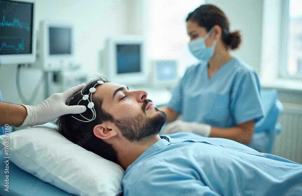 Fototapeta premium Patient lies on bed with electrodes on head for EEG scan. Nurse in mask and gloves monitors brain activity on screen. Medical test in clinic diagnoses neurological condition.