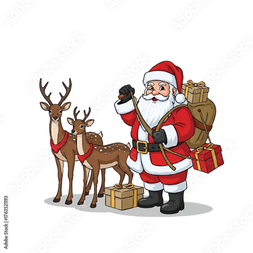 Jolly Santa Claus with his faithful reindeer delivering a sleigh full of presents, embodying the festive spirit of the Christmas holiday season