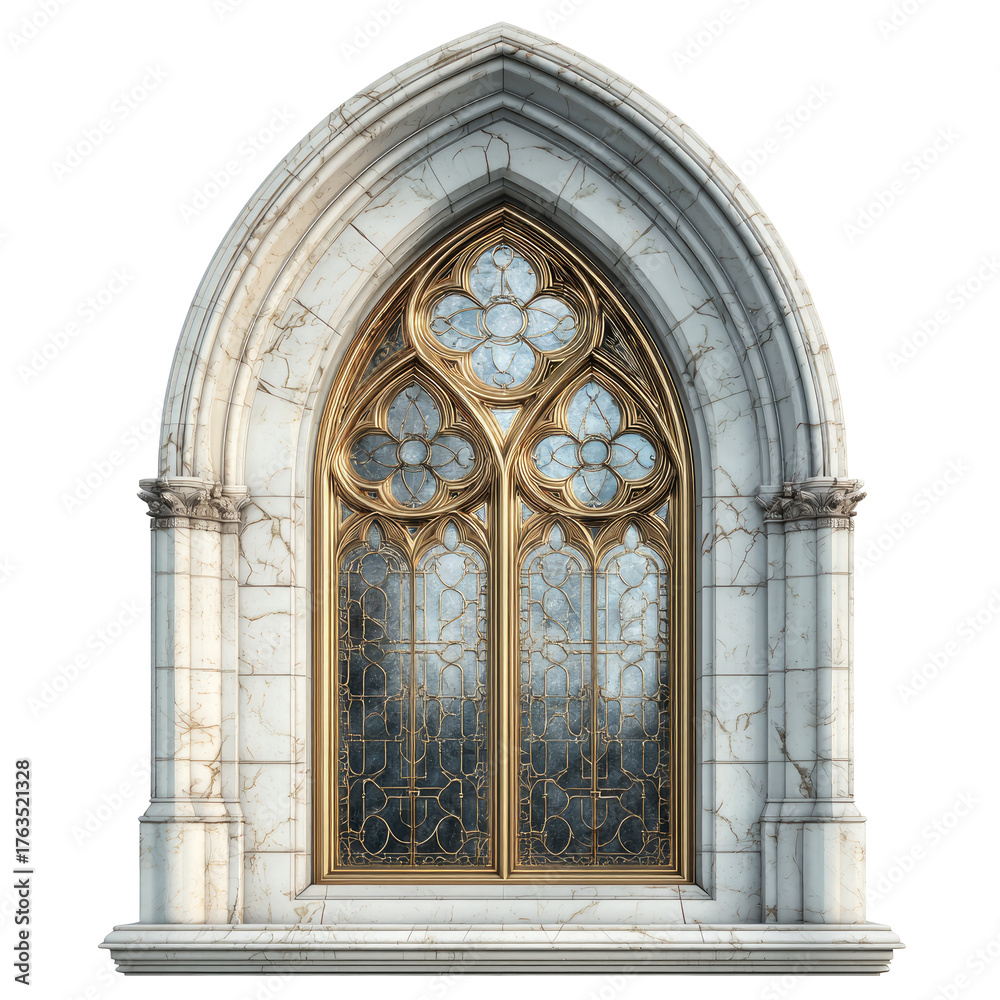 Fototapeta premium Gothic style window with ornate tracery and light-filled panes set in a white stone frame