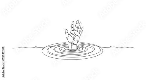 A powerful one continuous line illustration of a human hand reaching from water, symbolizing struggle, the need for help, or a fight for survival and assistance