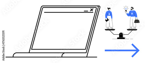Open laptop with team members balancing on a scale representing teamwork, decision-making, and innovation. Ideal for business, collaboration, technology, equality, analysis, productivity