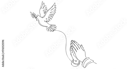 A peaceful dove flying from praying hands, beautifully rendered as one continuous line drawing, symbolizing hope and spirituality in a minimalist design, perfect for serene concepts