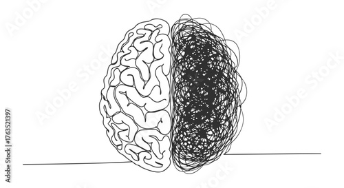 Conceptual illustration of a brain drawn in one continuous line, symbolizing the contrast between mental clarity and chaotic thoughts