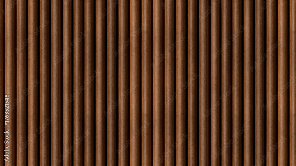 Obraz premium SEAMLESS fluted wall panel background, natural brown wood texture, modern decorative accent wall, half-round wooden slats.