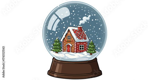 Charming winter snow globe with cozy house and pine trees