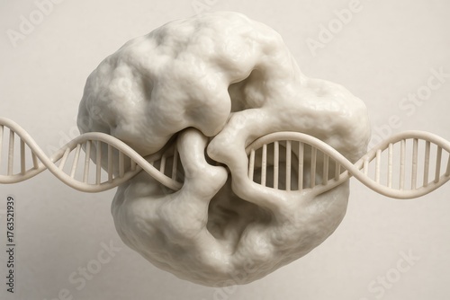 3D molecular visualization of a CRISPR-Cas9 protein complex bound to a DNA strand, depicting the precise mechanism of gene editing. The monochrome clay-like aesthetic emphasizes structure and form, sy