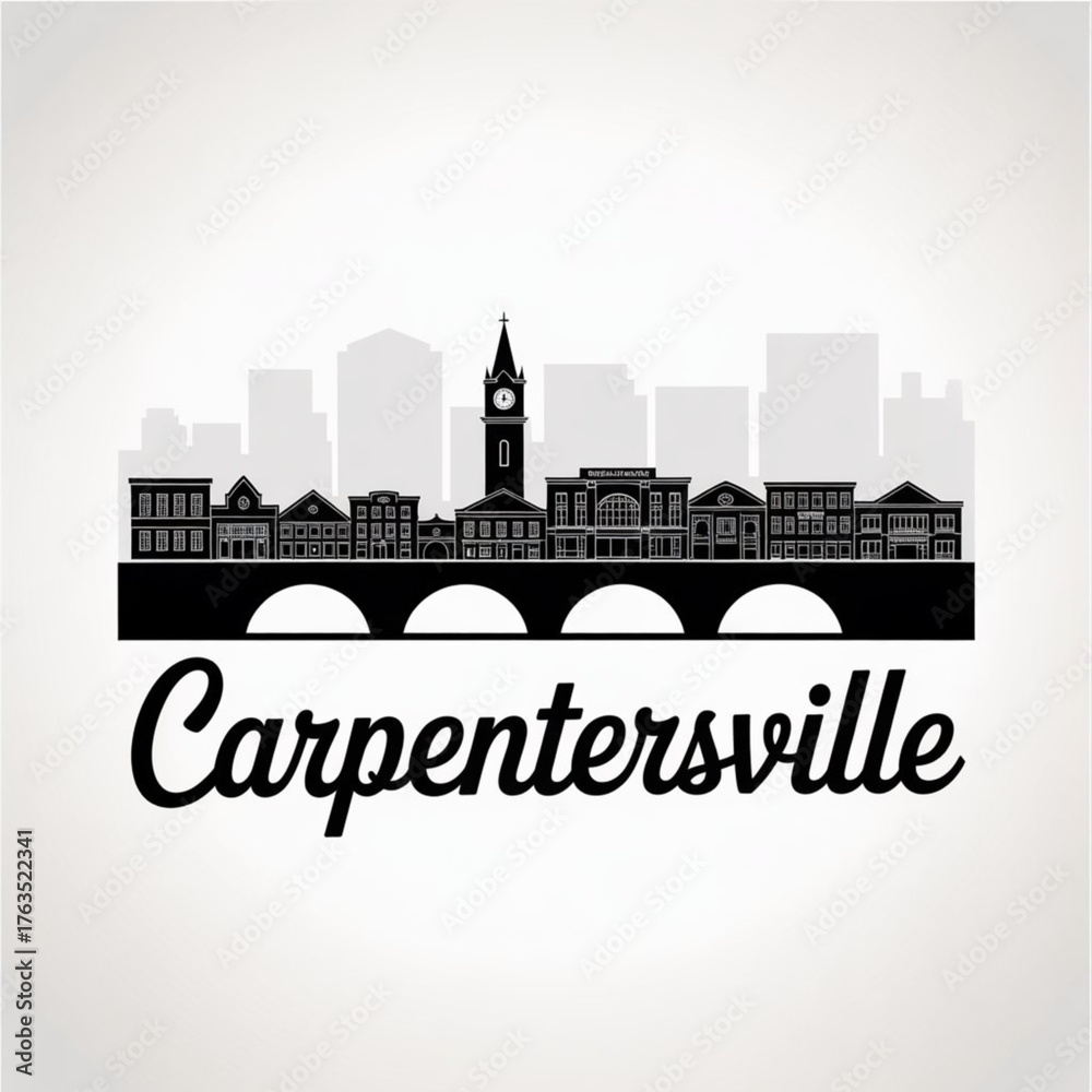 Naklejka premium ‎Carpentersville Skyline Silhouette — A Fox River Village in Northern Illinois Vector Illustration