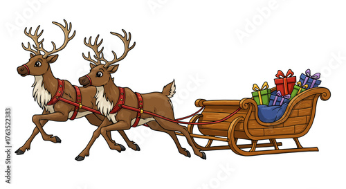 Festive reindeer sleigh with gifts and holiday cheer in cartoon style