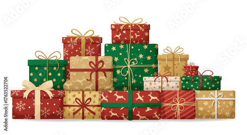 Festive holiday gift boxes with decorative patterns and bows in flat style