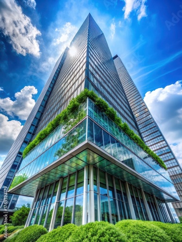 Modern glass skyscraper with a gleaming metallic roof and lush greenery